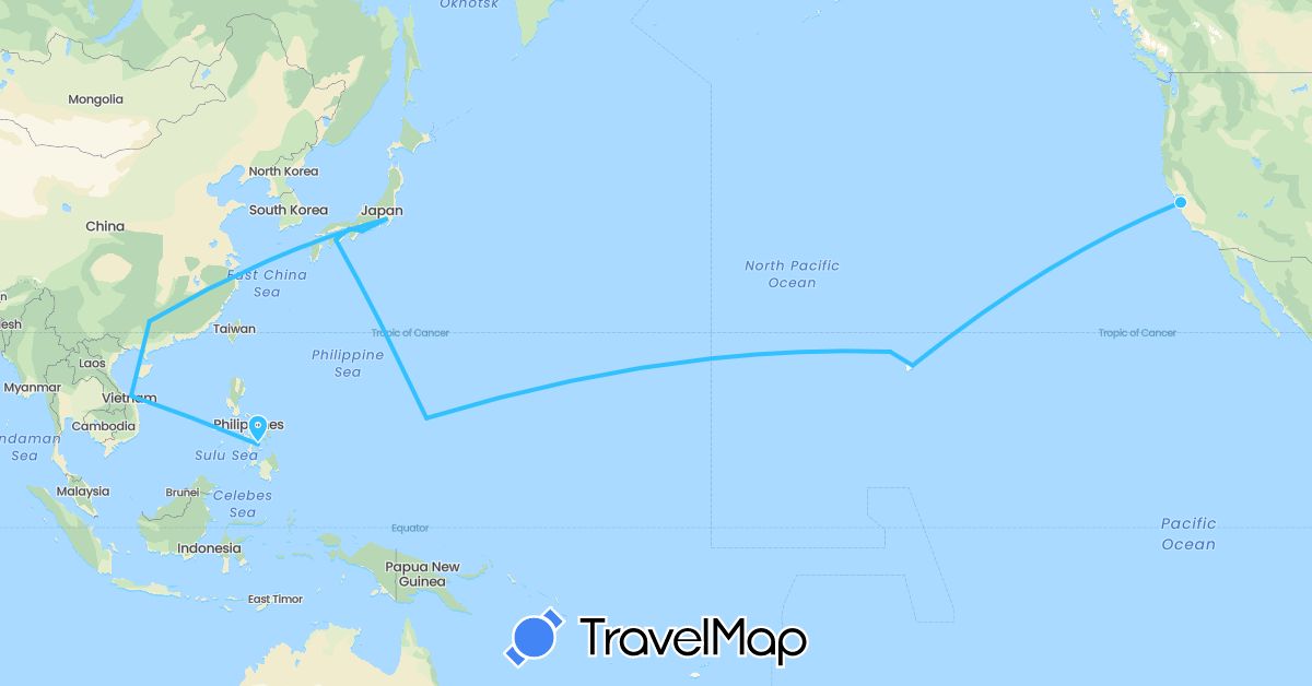 TravelMap itinerary: driving, boat in China, Japan, Philippines, United States, Vietnam (Asia, North America)
